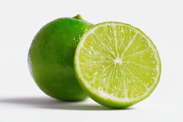 Fresh green lime and a sliced half showcasing juicy segments and vibrant color against a clean white background, ideal for culinary or beverage-related content