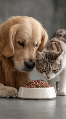 Golden retriever dog and tabby cat are sharing a meal from a white bowl filled with pet food on a smooth gray surface in a cozy indoor setting
