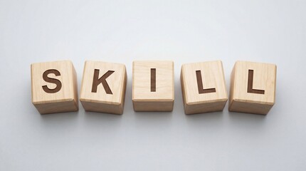 Wooden blocks spelling out the word skill a light gray background 4k video
