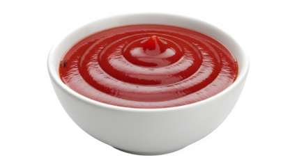 A white mug isolated on transparent background filled with red sauce