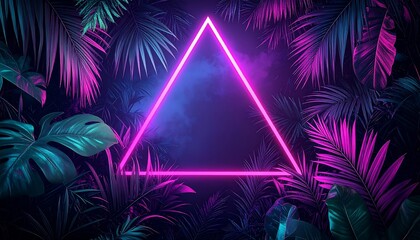 Neon triangle frame on dark tropical leaves background with magenta and teal lighting