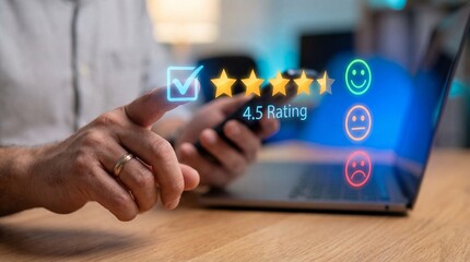 Customer giving a 45 star rating a mobile device with a laptop displaying satisfaction feedback icons in the background 4k video