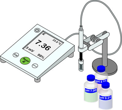 3D isometric laboratory pH meter with 3 buffer pH 4.01, 7.00, 9.21