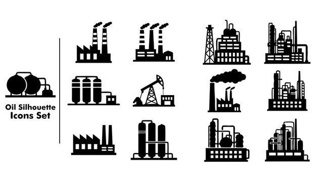 Vector illustration collection of black silhouette icons representing oil, energy, and industrial extraction concepts, suitable for info graphics and industry-related designs.