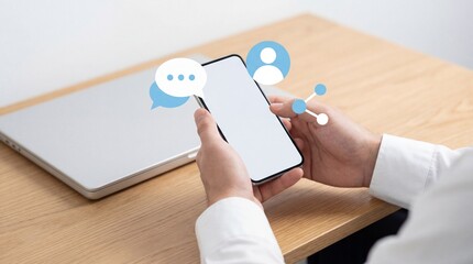 Hands holding smartphone with social media and chat icons floating above screen wooden desk next to closed laptop 4k video