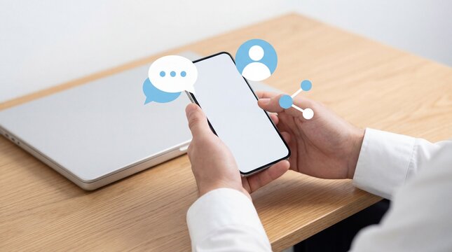 Hands holding smartphone with social media and chat icons floating above screen wooden desk next to closed laptop 4k video - Powered by Adobe