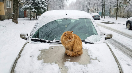 Cat sits on snow-covered car hood in winter street scene during snowfall