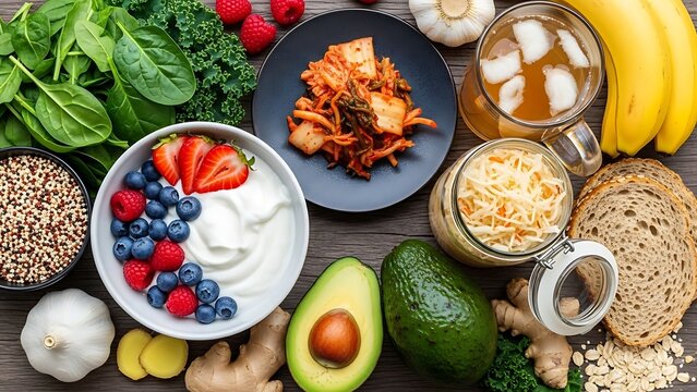 Healthy food selection for gut health with probiotics, prebiotics, and fiber rich fruits and vegetables, promoting digestive wellness and overall nutrition for a balanced diet and healthy lifestyle.