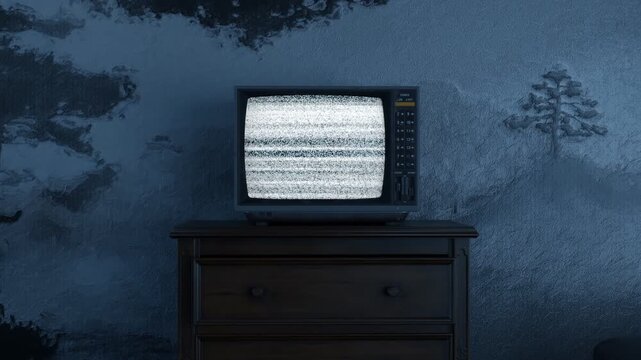 3d Animation of an old television with static noise screen in front of oil-painted mural