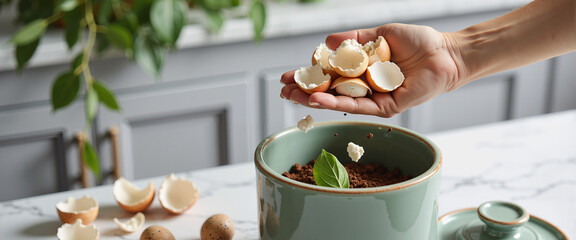 Hand adding eggshells to compost bin at home with green plant  
