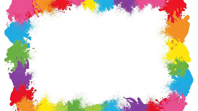 Vibrant colorful paint splatter border frame on white background for creative design