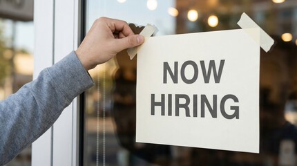 Hand posting now hiring sign on shop window, job opening