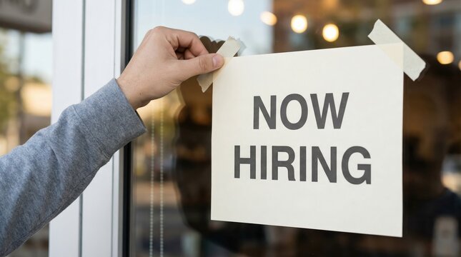 Hand posting now hiring sign on shop window, job opening