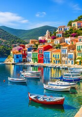 Fototapeta premium Colorful houses and boats in assos kefalonia greece under a bright blue sky on a sunny day