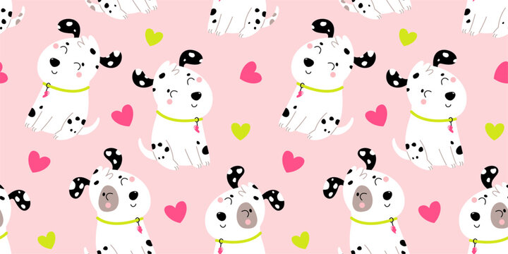 Cute seamless pattern with dalmatian dogs and hearts. Valentine's Day adorable background with animals. Flat vector illustration.