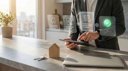 Digital real estate transaction on tablet with house keys and approval