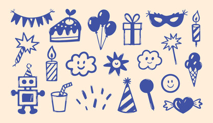 Hand drawn blue doodle birthday party icon set with cake balloons gifts and cute celebration elements © Arshad