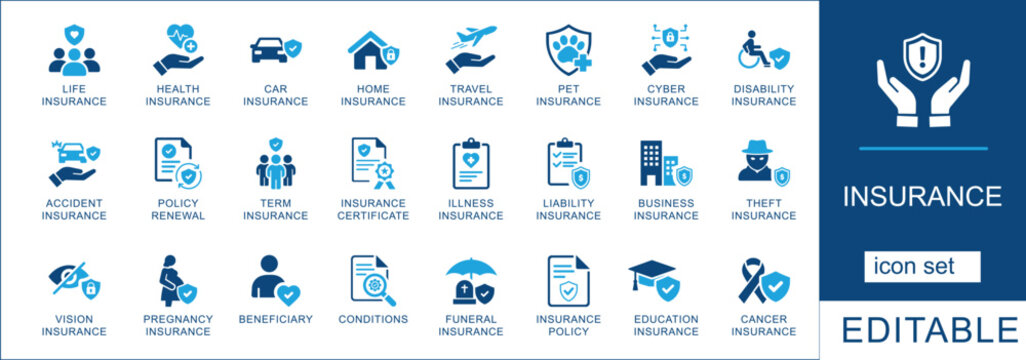 Insurance icon set. featuring life, health, car, home, travel, cyber, and business insurance symbols for financial and legal web design.