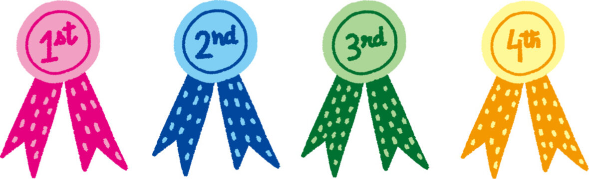 Colorful hand drawn rosettes with rankings for first second third and fourth place awards for children and adults, Ranking medals, contest awards illustration
