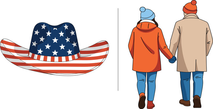 Vector Illustration of an American Flag Themed Cowboy Hat and a Couple in Winter Clothes Walking Together.