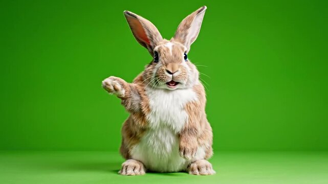 A cute cartoon rabbit standing on its hind legs and waving with its front paw against a green background
