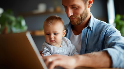 Father holding child in lap while working on laptop, faceless parent, work-life balance concept, parenting and career, multitasking moment, defocused home interior, with copy space