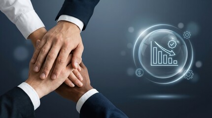 Business team stacking hands with growth icon, collaboration success