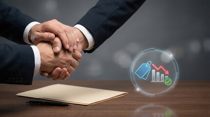 Business handshake over contract with pricing icon, negotiated deal