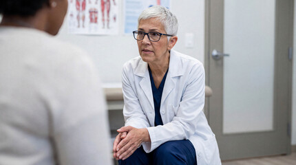 Empathetic senior female physician with grey hair and glasses listens to a patient during a serious consultation in a clinic office.