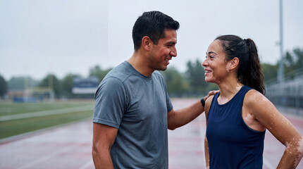 Fototapeta premium Supportive man encouraging a smiling female athlete with vitiligo after a morning run on an outdoor track.