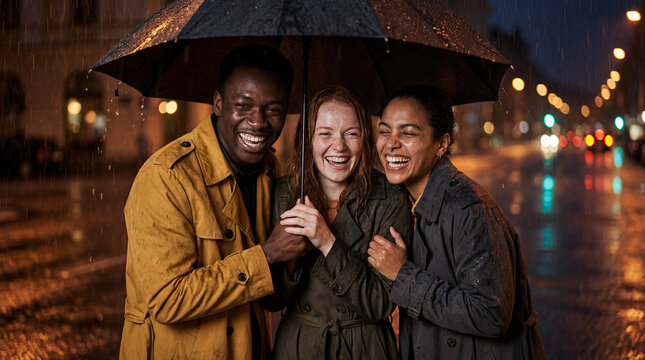 A joyful group of three diverse friends laughing together under one umbrella on a rainy city street at night.