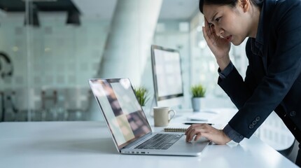 Stressed businesswoman working on laptop in office, workplace burnout
