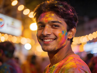joyful man laughing with holi colors on face under fireworks and glowing streetlights for festival celebration, happiness and editorial stock imagery