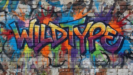 Obraz premium Graffiti Art Wildtype Text on Brick Wall, Vibrant Colors, Urban Street Art Style
