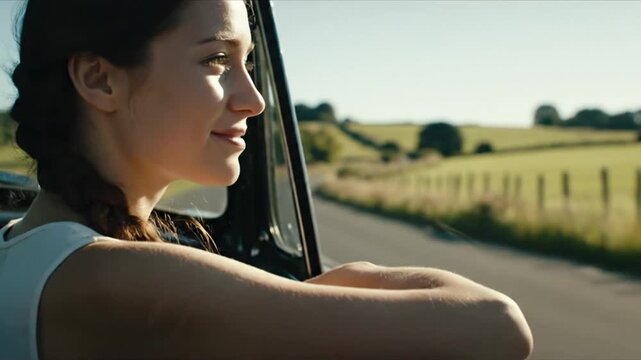 A young girl leans out of a car window, gazing at the winding road. Bright summer light highlights her braid and thoughtful expression. The countryside is lush and green