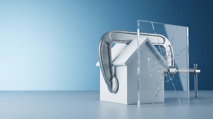 Transparent glass house secured with padlock on blue background, security