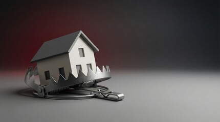 House caught in metal trap on dark background, mortgage debt risk