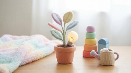 A serene scene showcasing a potted plant, colorful blocks, and a watering can on a wooden table near a soft, pastel blanket.