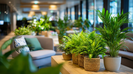Modern office lounge with indoor plants, biophilic workspace design, green office environment, natural workplace wellness, defocused contemporary interior, with copy space