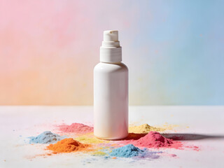 clean white mist sprayer with scattered holi colors for happy holi, spring celebration and lifestyle campaign visuals