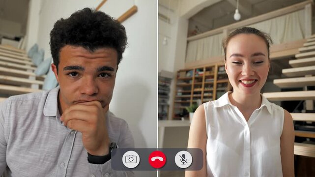 Team members connect through a split screen call. One person shows boredom during discussions. The setting is a bright room with wooden elements.