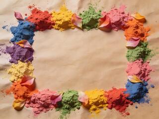 colorful holi powder arrangement on textured paper with scattered petals for cultural joy, creativity and seasonal advertising stock photos