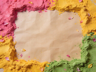 artistic border of multicolored pigments encircling empty space for happy holi, spring celebration and campaign design visuals