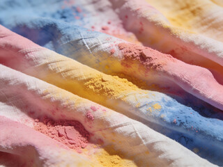 dreamy close-up of colorful holi pigments resting on wrinkled cloth for happy holi, spring celebration and lifestyle campaign visuals