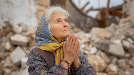 Elderly woman prays with hands clasped in ruins of a building during daytime