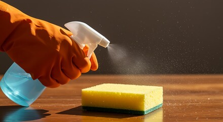 Hand in orange glove spraying cleaning liquid on yellow sponge spray bottle