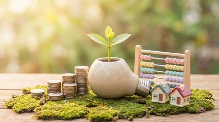 A small plant growing in a pot on a wooden table surrounded by coins and houses with a blurred green background