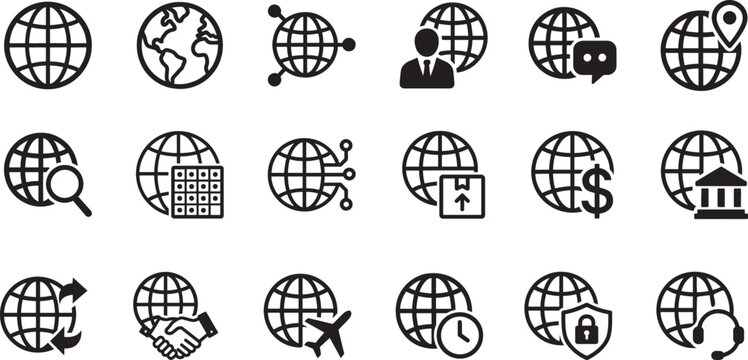 Global icon set with world, globe, network and international symbols for web, app and business design.