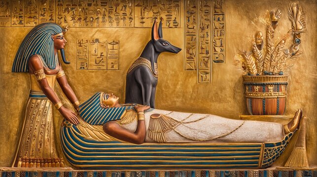 Egyptian scene depicts goddess and god by sarcophagus with Anubis and offerings in ancient tomb setting