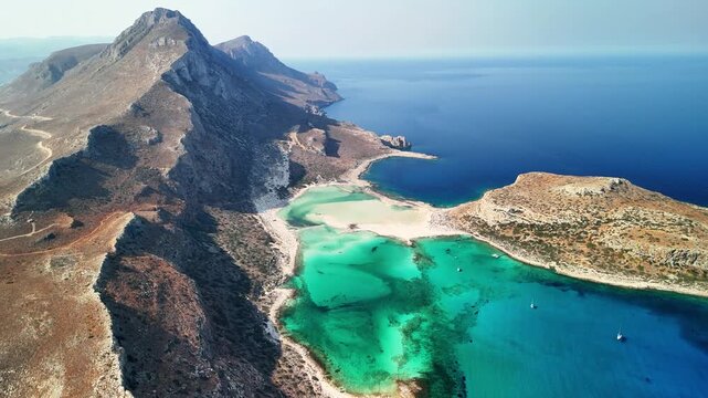Aerial view of Balos Lagoon and Mountains in Crete Greece
